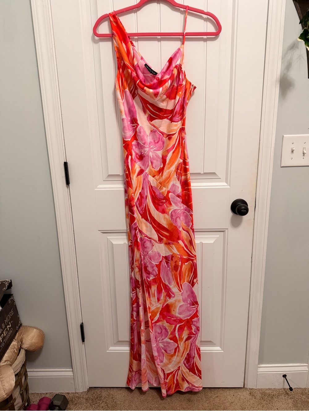 Next Up Watercolor Floral Asymmetrical Strap Maxi Dress